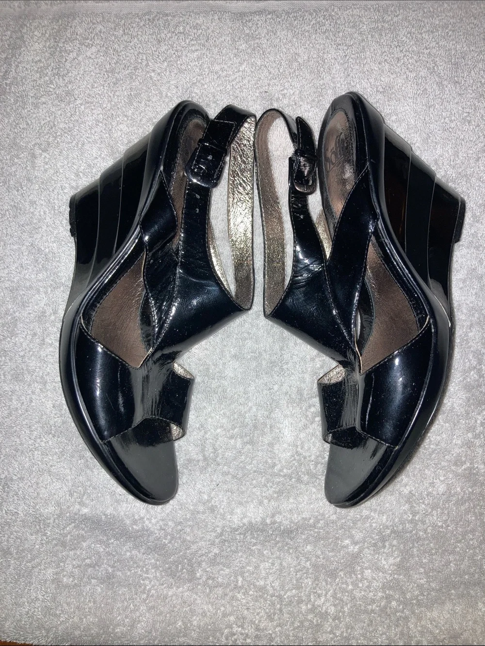 Sofft Black Patent Open-Toe Slingback Wedge Heels